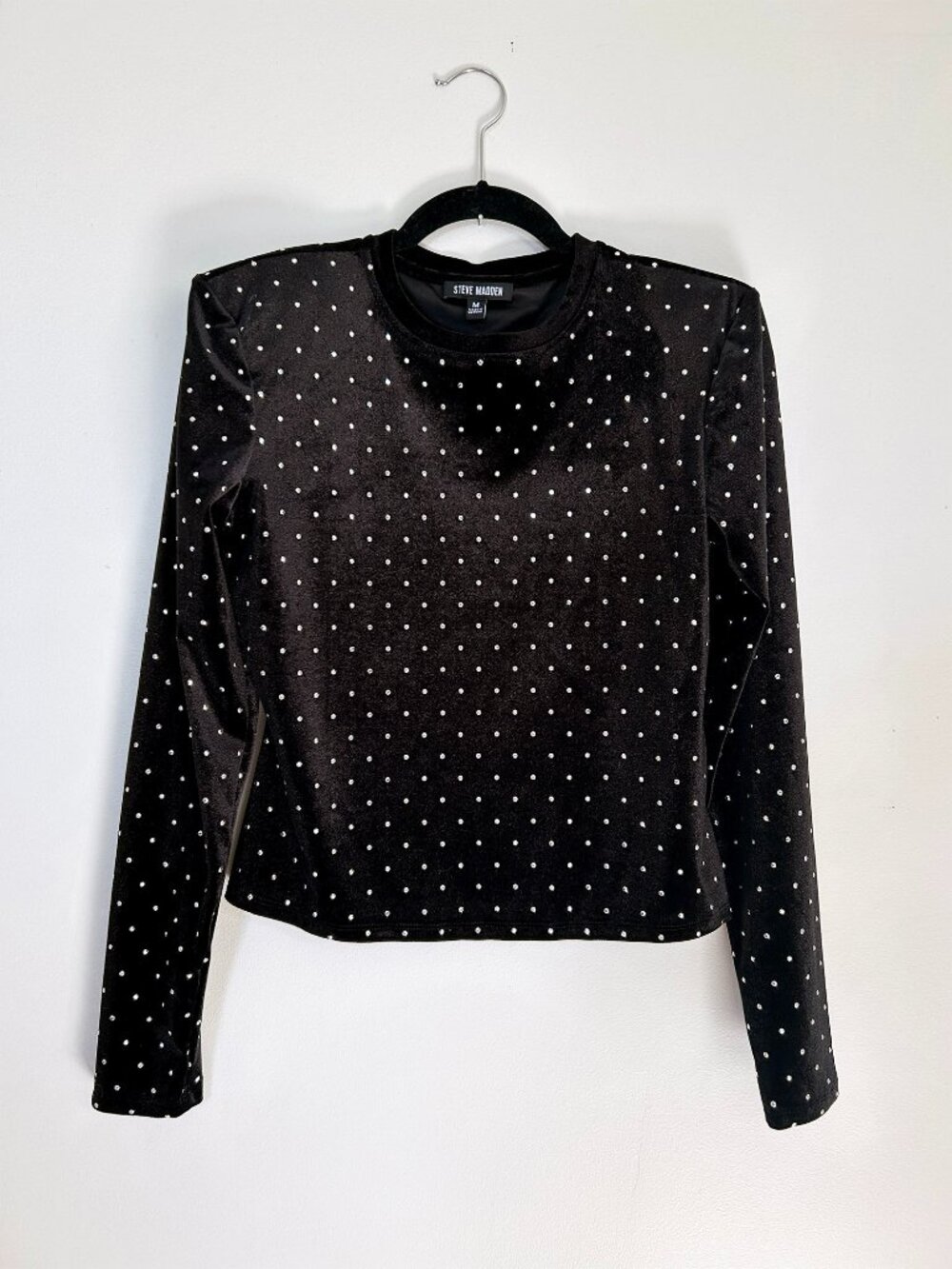 Steve Madden Black Velvet LS Top with Rhinestones - Size Med Worn Once MSRP $80